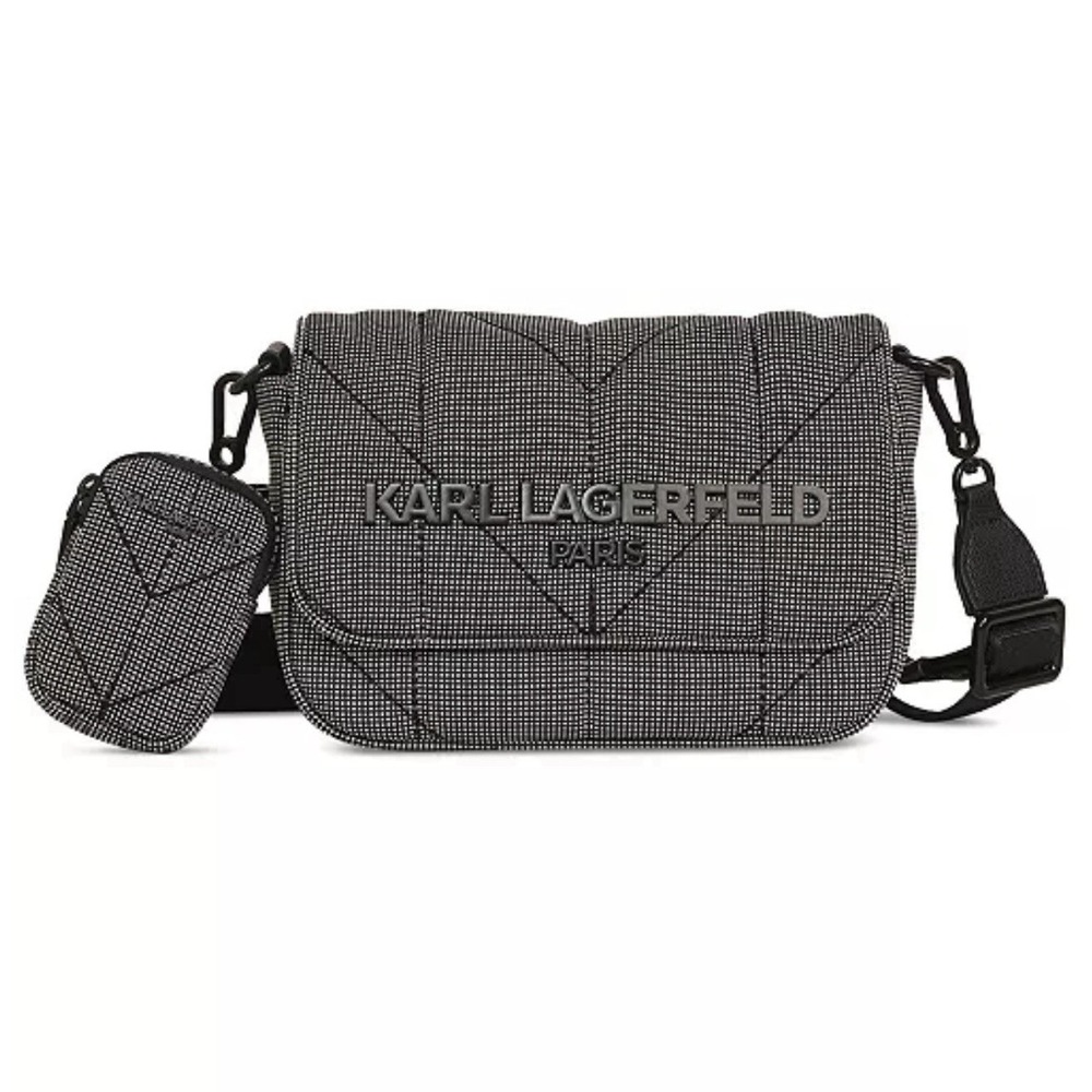 Karl Lagerfeld Paris Voyage Purse Crossbody Messenger Bag Black White Gunmetal